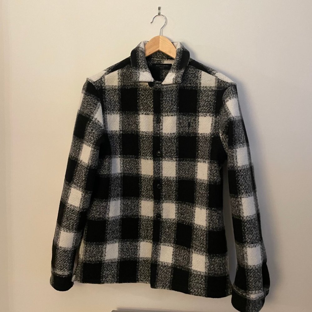 All Saints Oberlin Shacket size Medium, 100% polyester, black and white